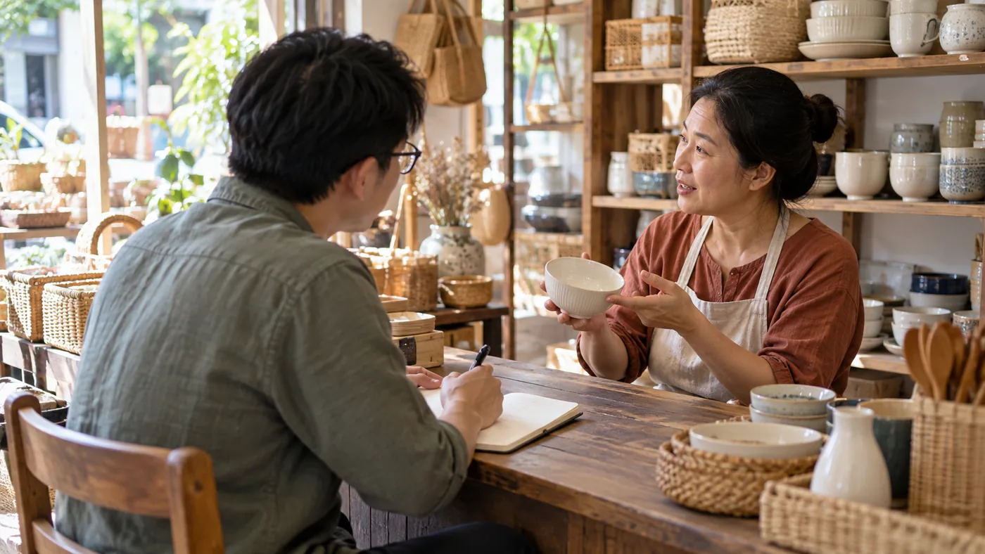 Minh hoạ một cuộc trao đổi với khách hàng tại cửa hàng Việt Nam để ghi nhận nhu cầu thực tế