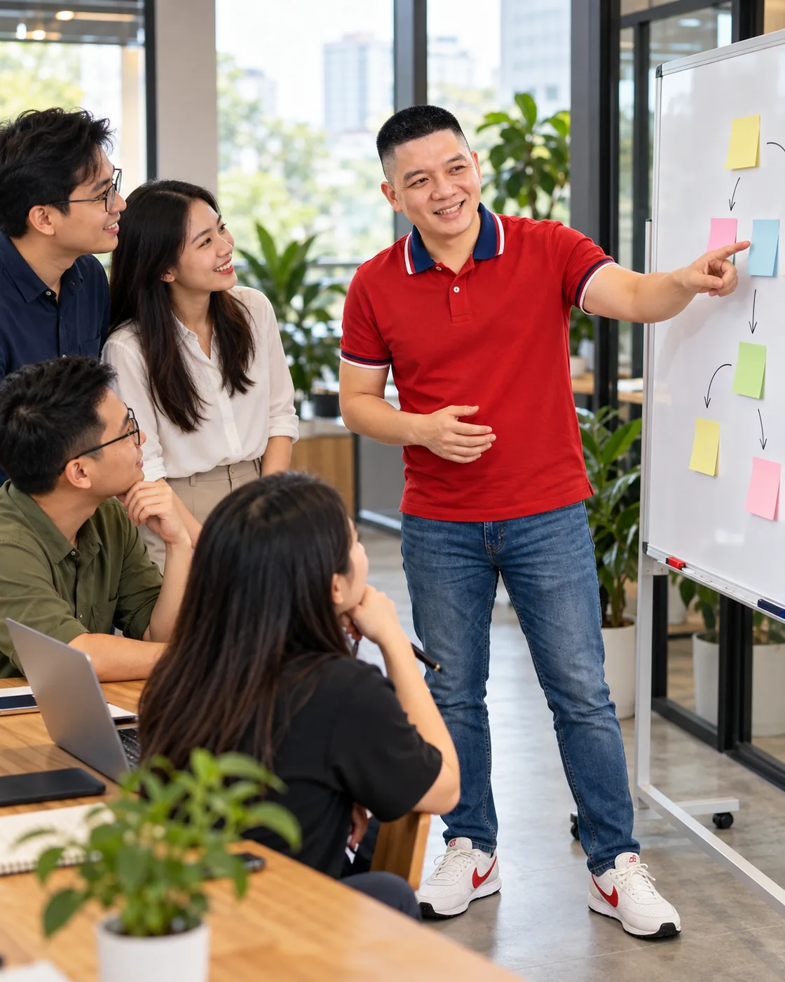 Minh hoạ AI về một nhóm trao đổi trước bảng ghi các câu hỏi của khách hàng
