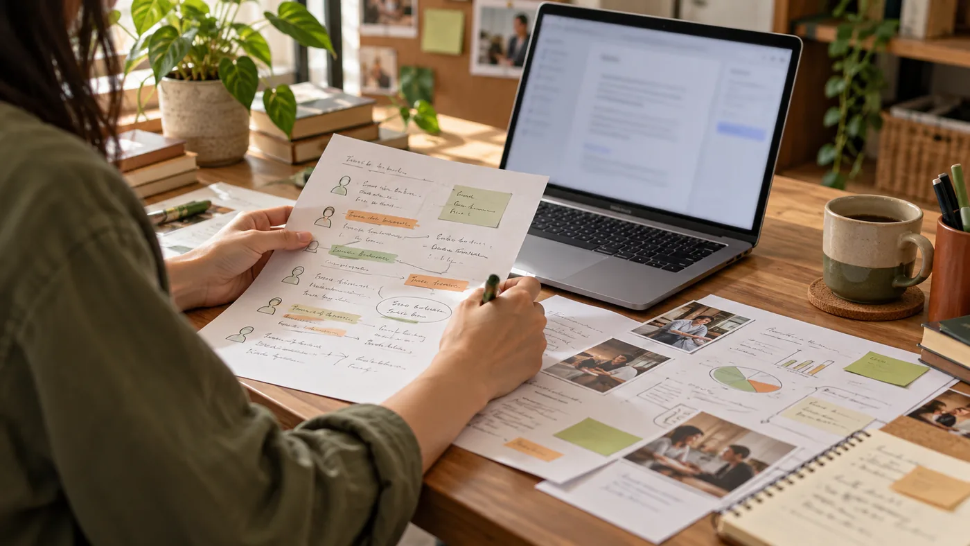 Minh hoạ AI về người làm marketing đưa ghi chú khách hàng vào bản nháp