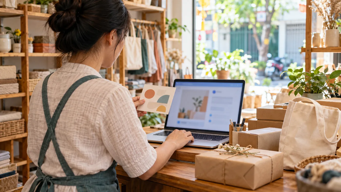 Minh hoạ AI về chủ shop dùng AI soạn bài bán hàng theo tình huống