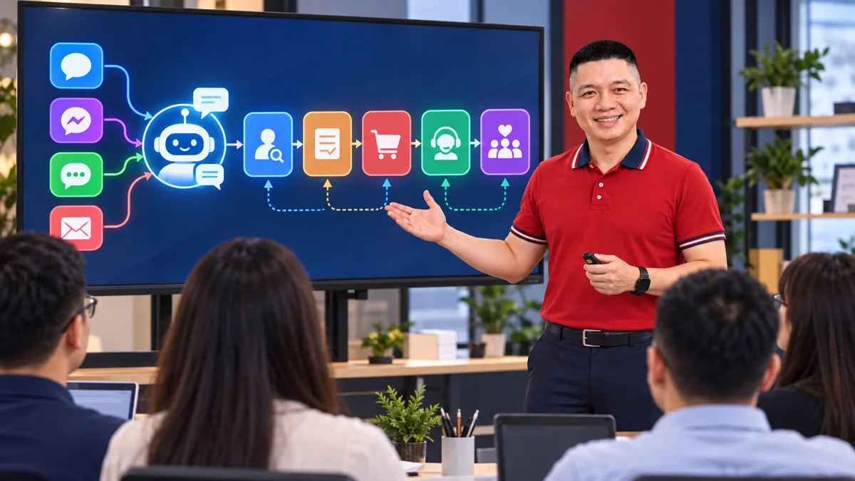 Trần Nguyên Hoàn áo đỏ hướng dẫn chatbot bán hàng, minh hoạ quy trình biến người xem thành lead và khách hàng