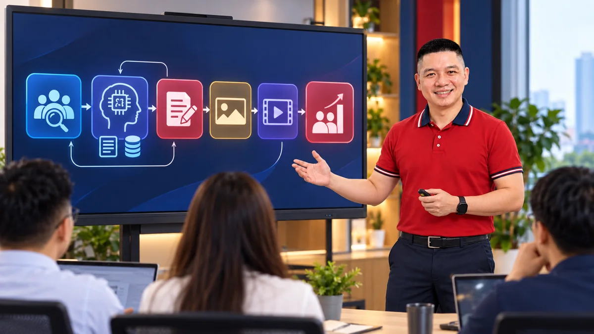 Minh họa Trần Nguyên Hoàn hướng dẫn quy trình AI marketing trước lớp học