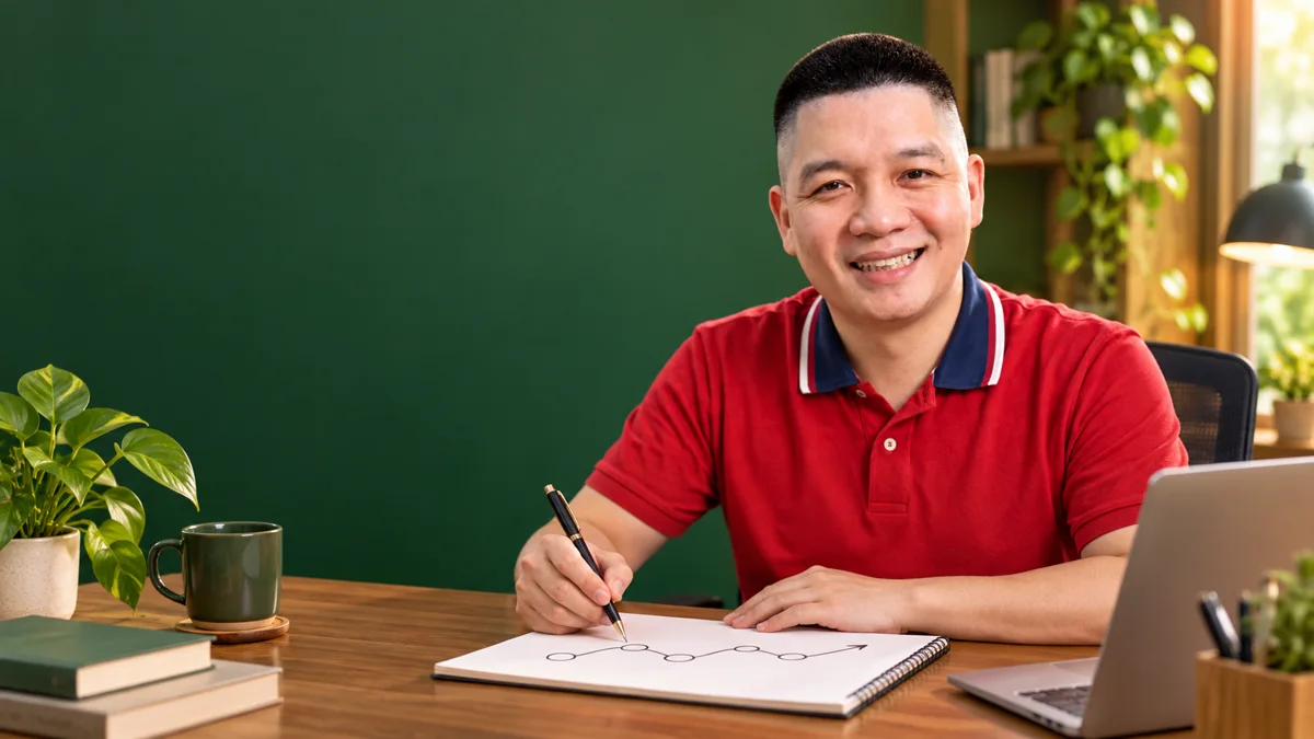 Minh họa Trần Nguyên Hoàn vẽ lộ trình giao việc cho AI tại bàn làm việc