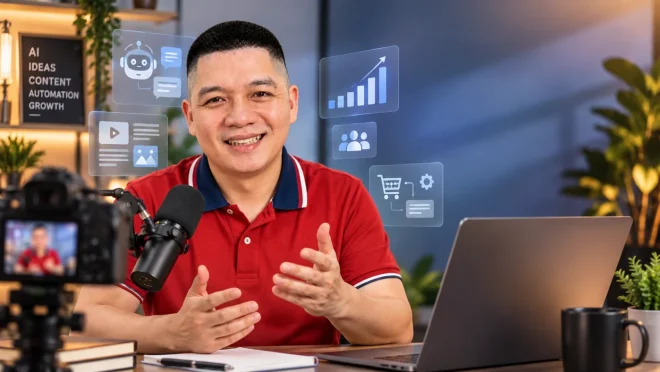 Trần Nguyên Hoàn áo polo đỏ làm nội dung AI tại bàn ghi hình