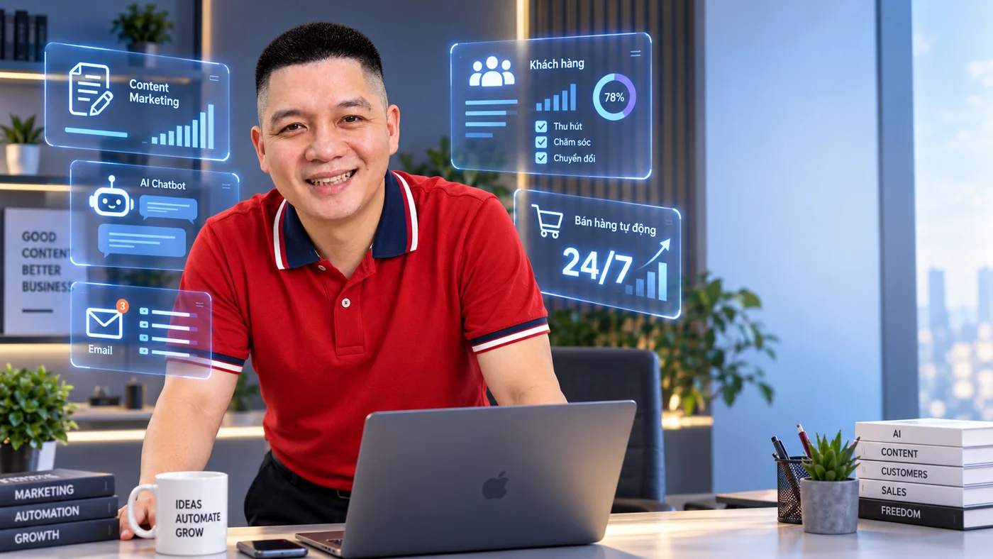 Trần Nguyên Hoàn mặc áo đỏ hướng dẫn ứng dụng AI