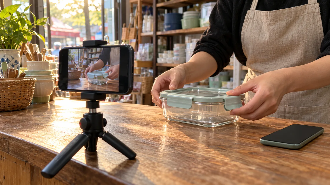 Minh hoạ một chủ shop quay video chia sẻ mẹo thực hành tại cửa hàng