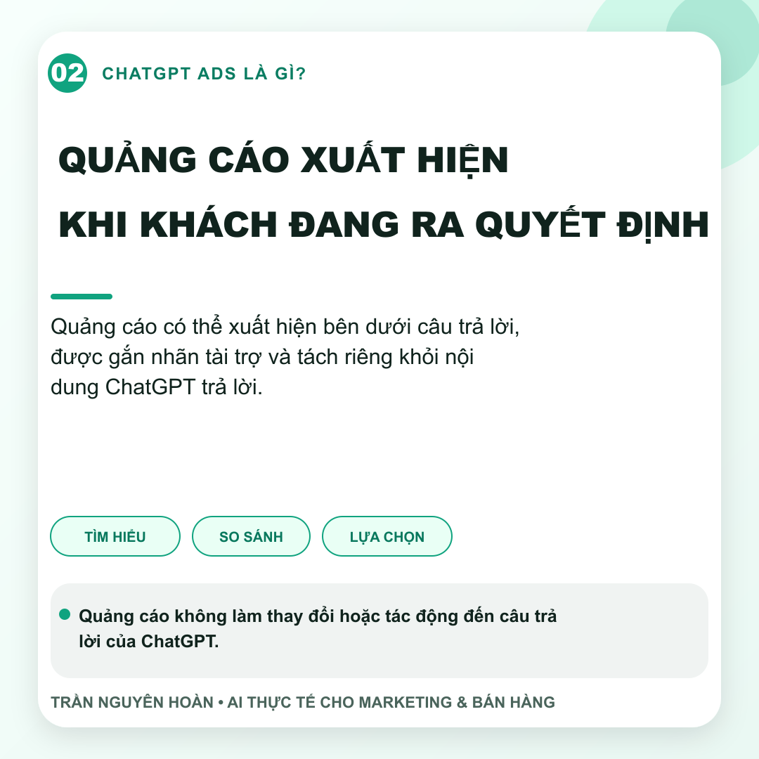 Quảng cáo ChatGPT xuất hiện bên dưới câu trả lời và được gắn nhãn rõ ràng