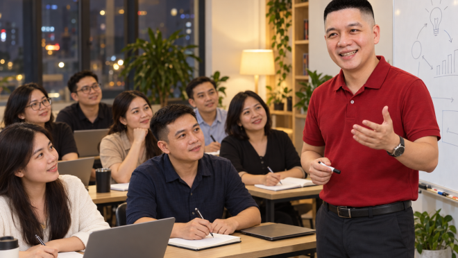 Trần Nguyên Hoàn hướng dẫn lớp học buổi tối tại Việt Nam, học viên trưởng thành ghi chép và áp dụng kiến thức.