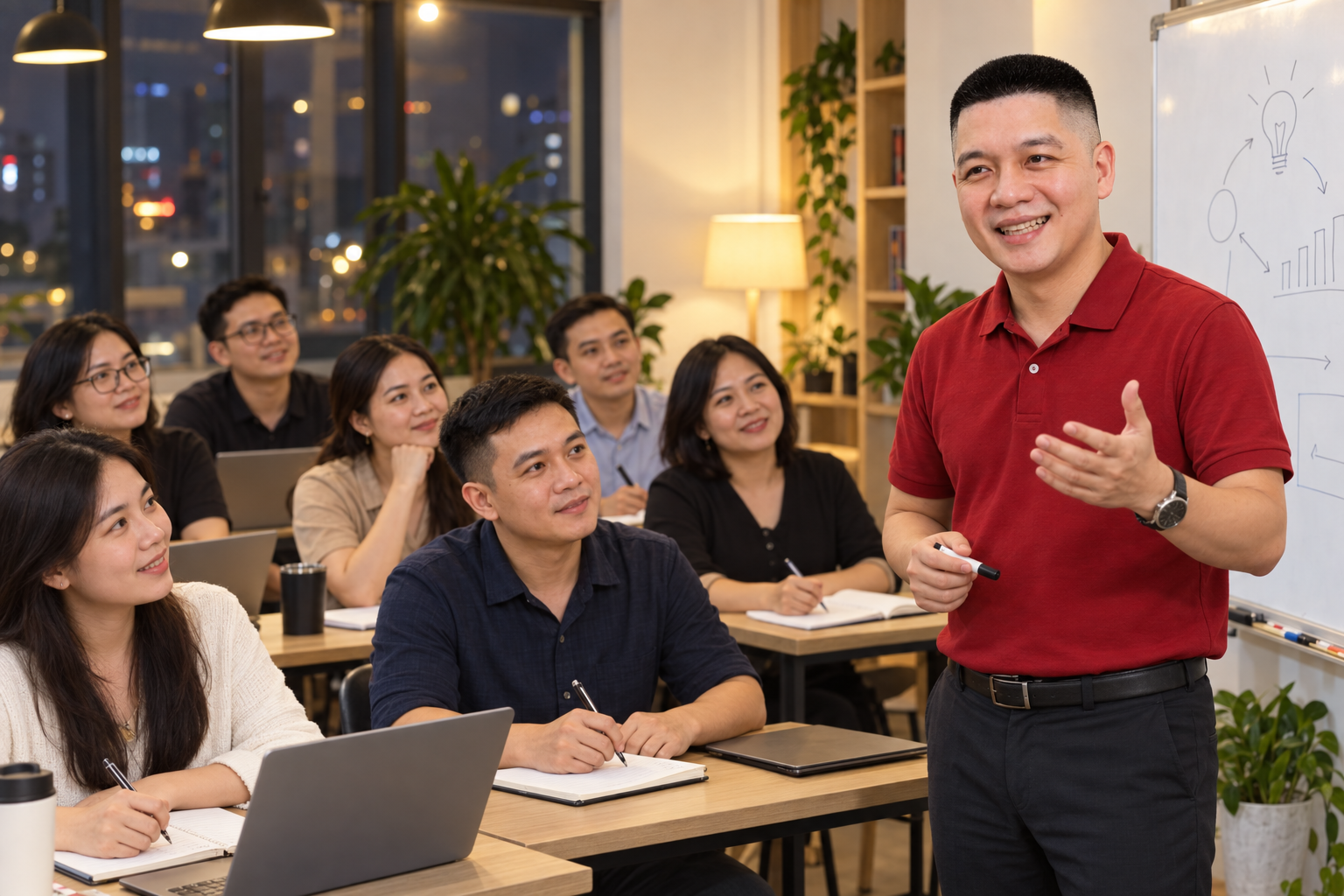 Trần Nguyên Hoàn hướng dẫn lớp học buổi tối tại Việt Nam, học viên trưởng thành ghi chép và áp dụng kiến thức.