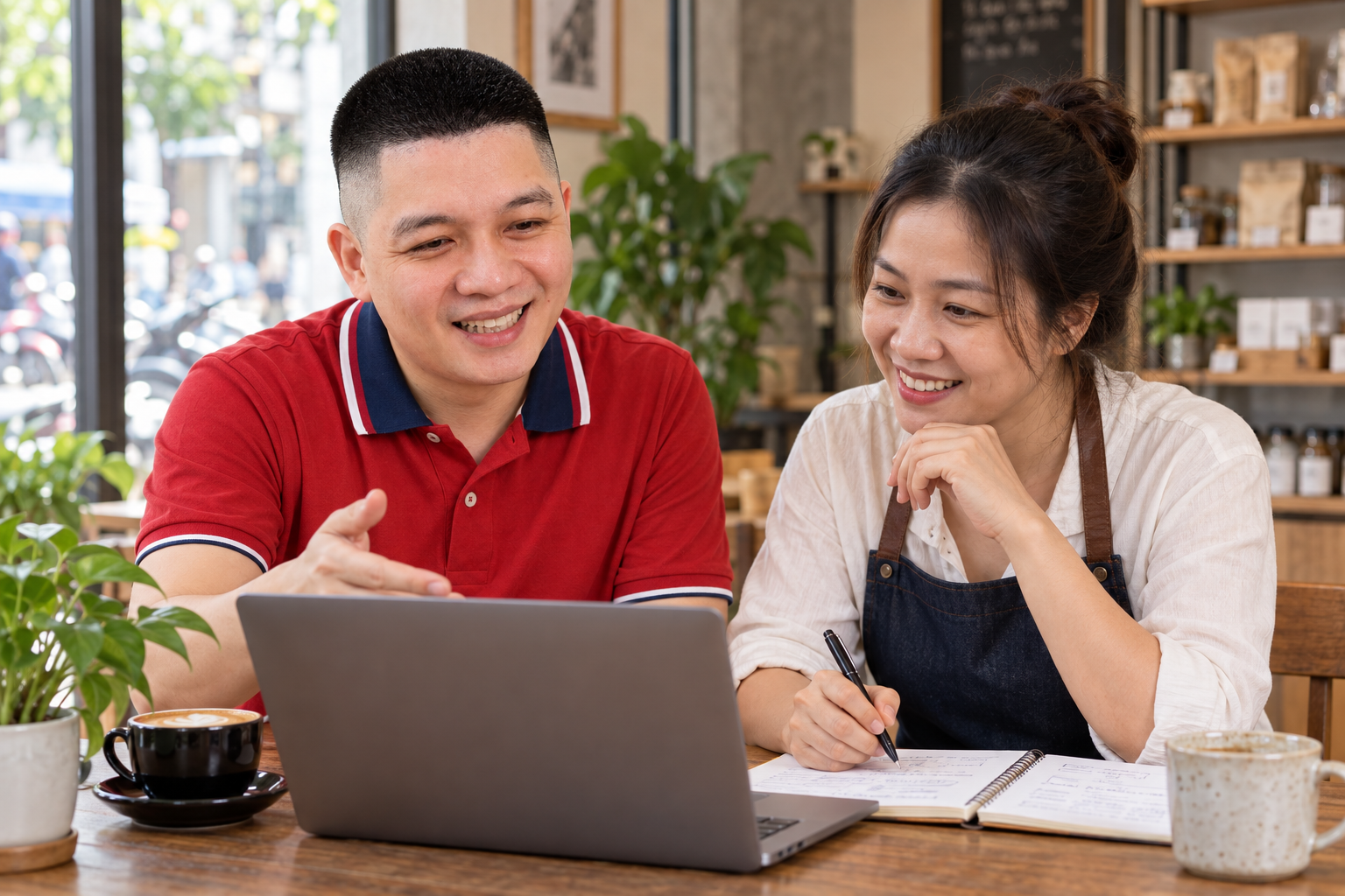 Trần Nguyên Hoàn hướng dẫn chủ shop Việt Nam ứng dụng AI vào marketing qua laptop và ghi chú khách hàng.