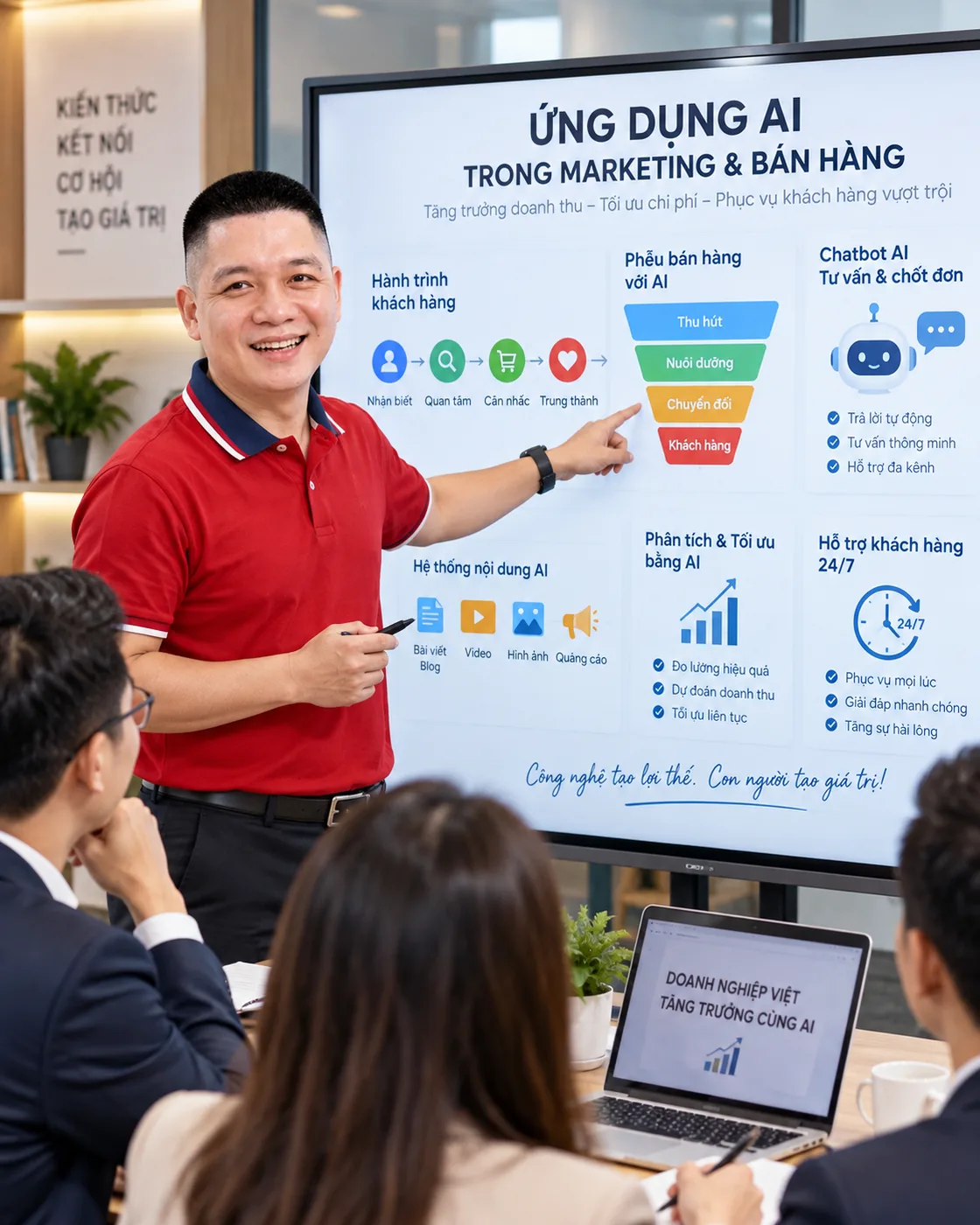 Minh hoạ AI về buổi hướng dẫn trên lớp và người học ghi chép