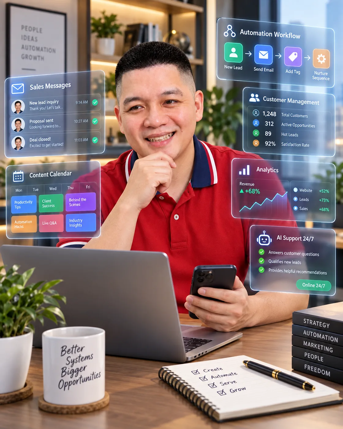 Trần Nguyên Hoàn làm việc với điện thoại và máy tính để chăm sóc khách