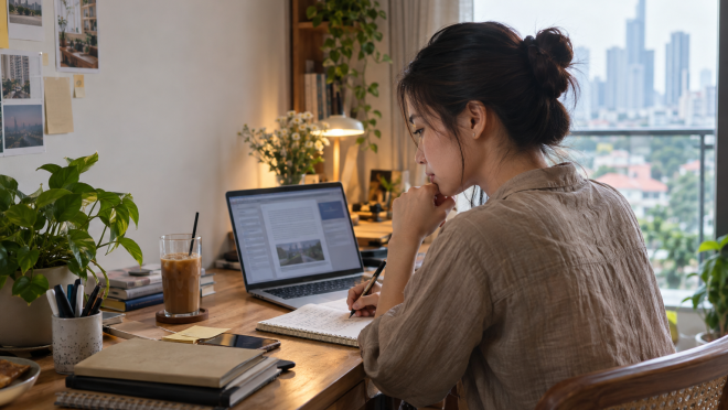 Một chủ kinh doanh Việt Nam ghi chú trải nghiệm khách hàng bên cạnh máy tính để dùng AI biên tập nội dung
