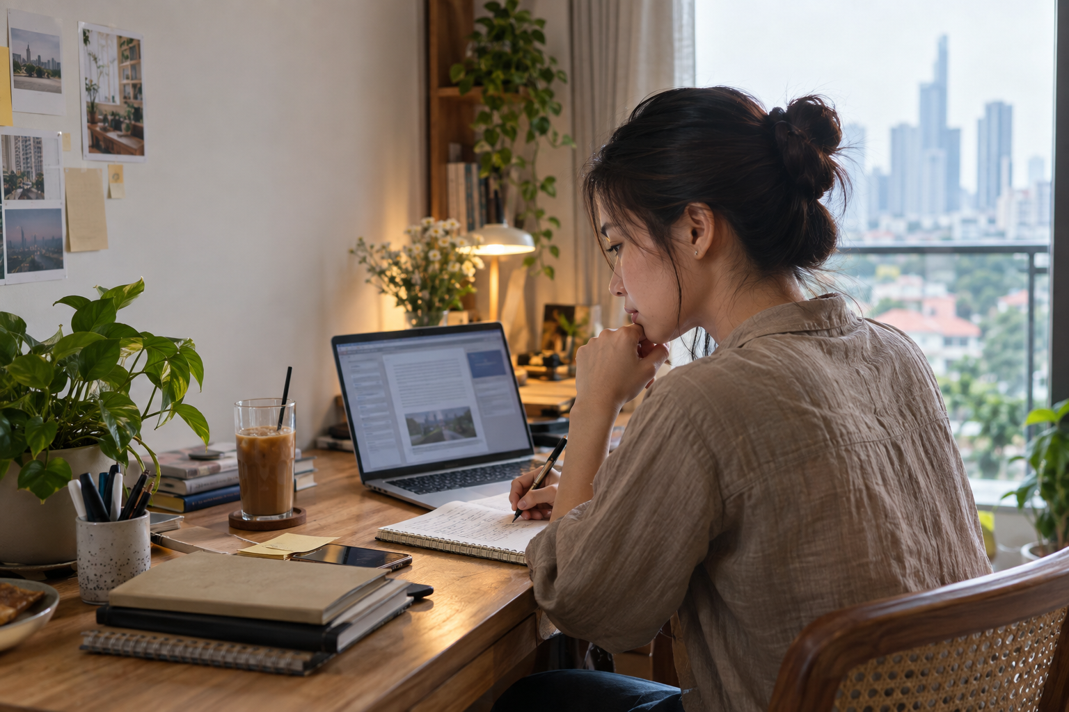 Một chủ kinh doanh Việt Nam ghi chú trải nghiệm khách hàng bên cạnh máy tính để dùng AI biên tập nội dung