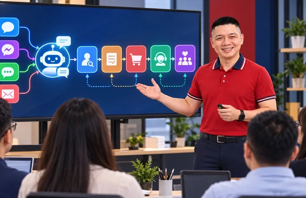Trần Nguyên Hoàn mặc áo đỏ giải thích các điểm chạm trong hành trình từ lượt xem đến khách hàng