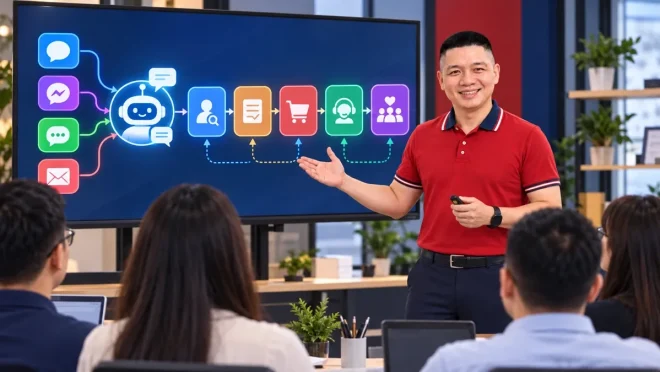 Trần Nguyên Hoàn mặc áo đỏ giải thích các điểm chạm trong hành trình từ lượt xem đến khách hàng