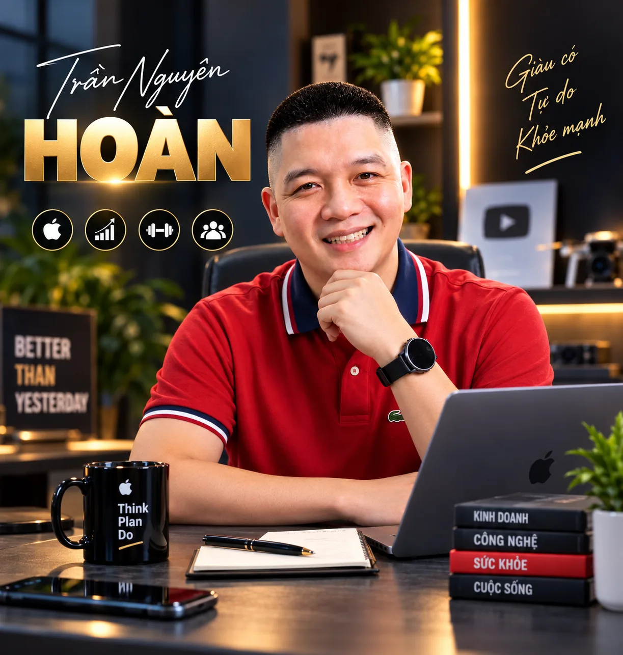 Trần Nguyên Hoàn áo đỏ ngồi trước laptop và sổ ghi chép