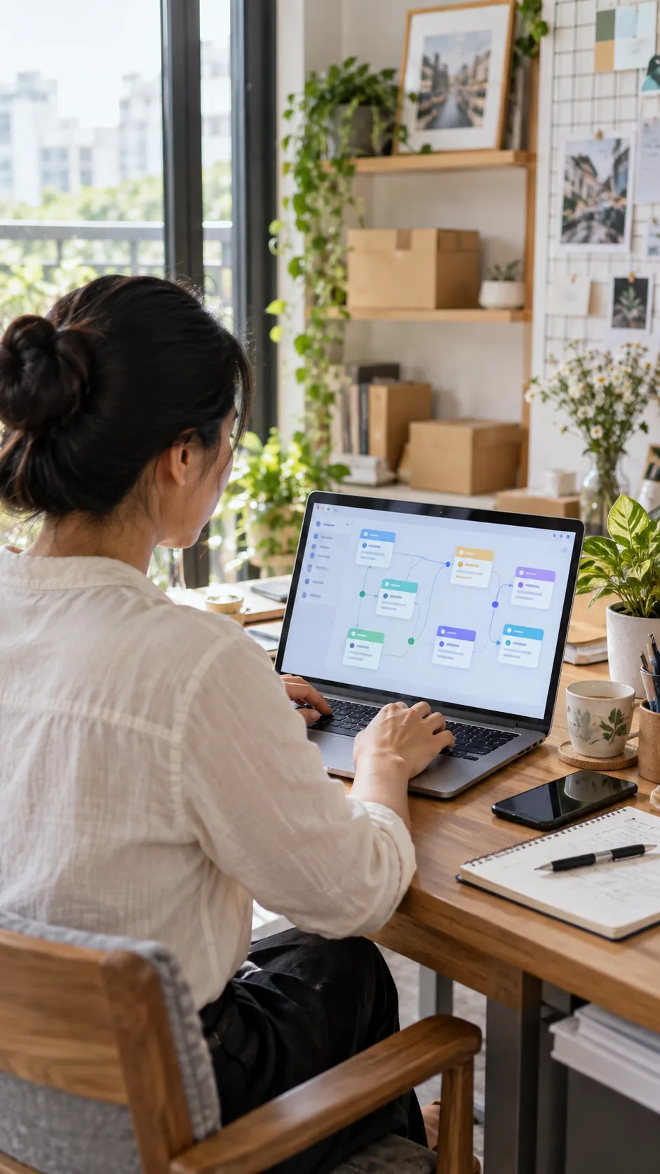 Người làm việc xây workflow AI trên máy tính từ các bước công việc thực tế