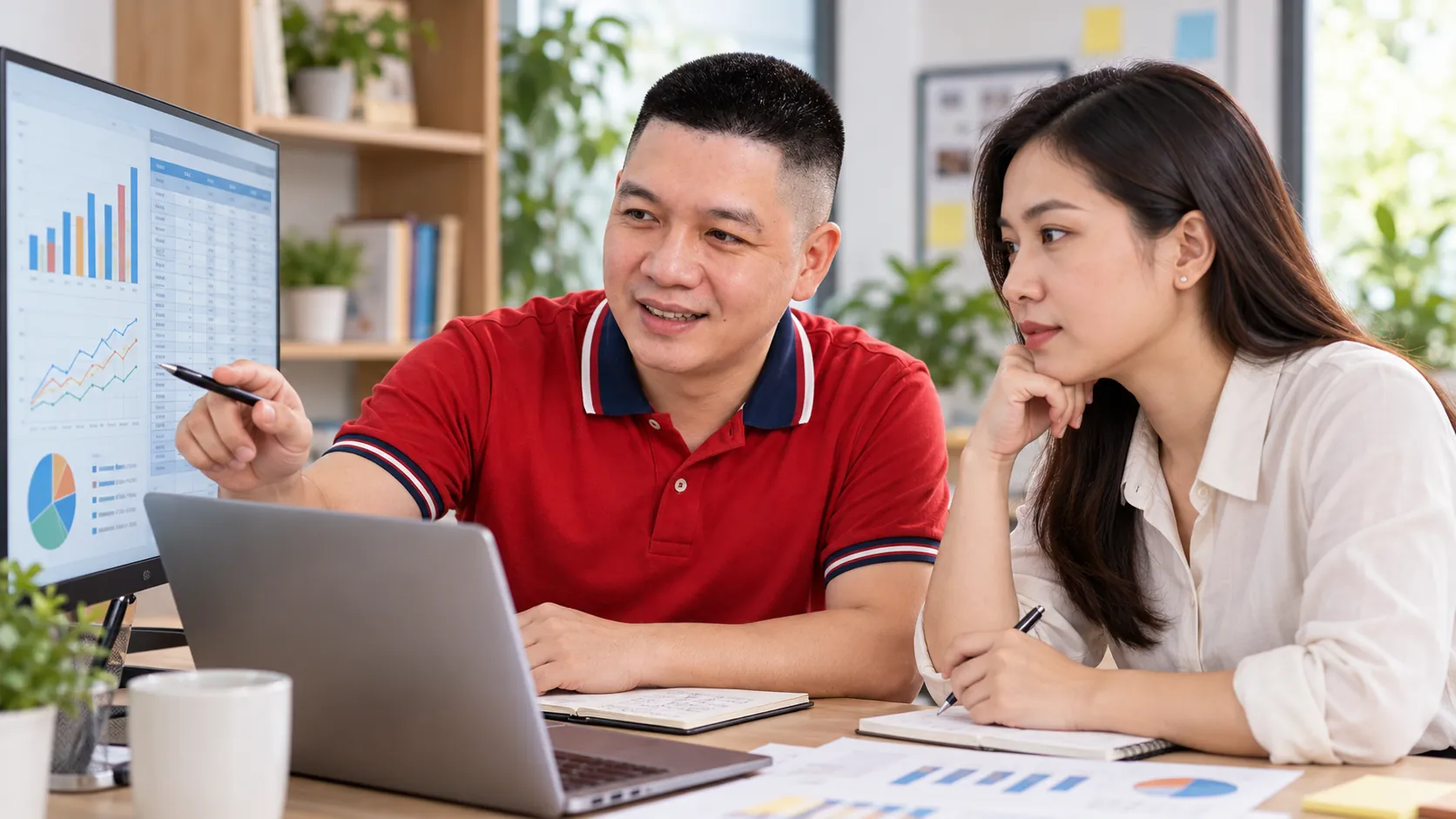 Ảnh minh họa AI: anh Hoàn theo dõi các chỉ số công việc.