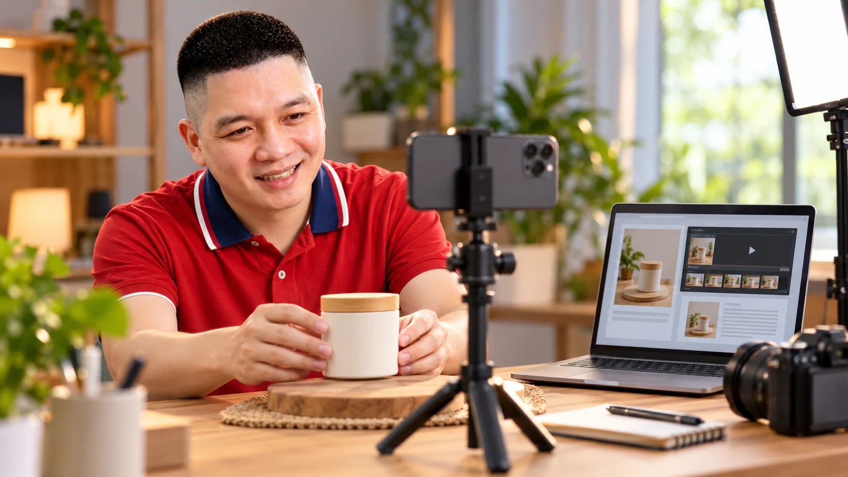 Minh họa AI: Trần Nguyên Hoàn chuẩn bị ảnh và video sản phẩm trong góc sáng tạo nội dung