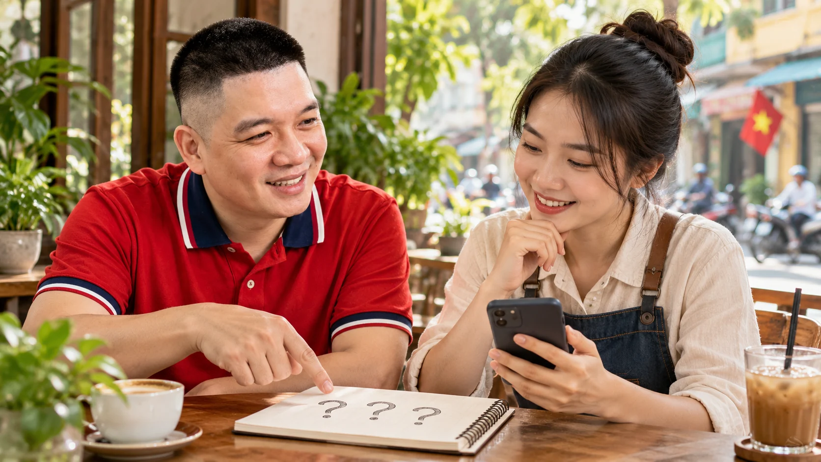 Minh họa AI: Trần Nguyên Hoàn cùng chủ cửa hàng trao đổi câu hỏi của khách trên điện thoại