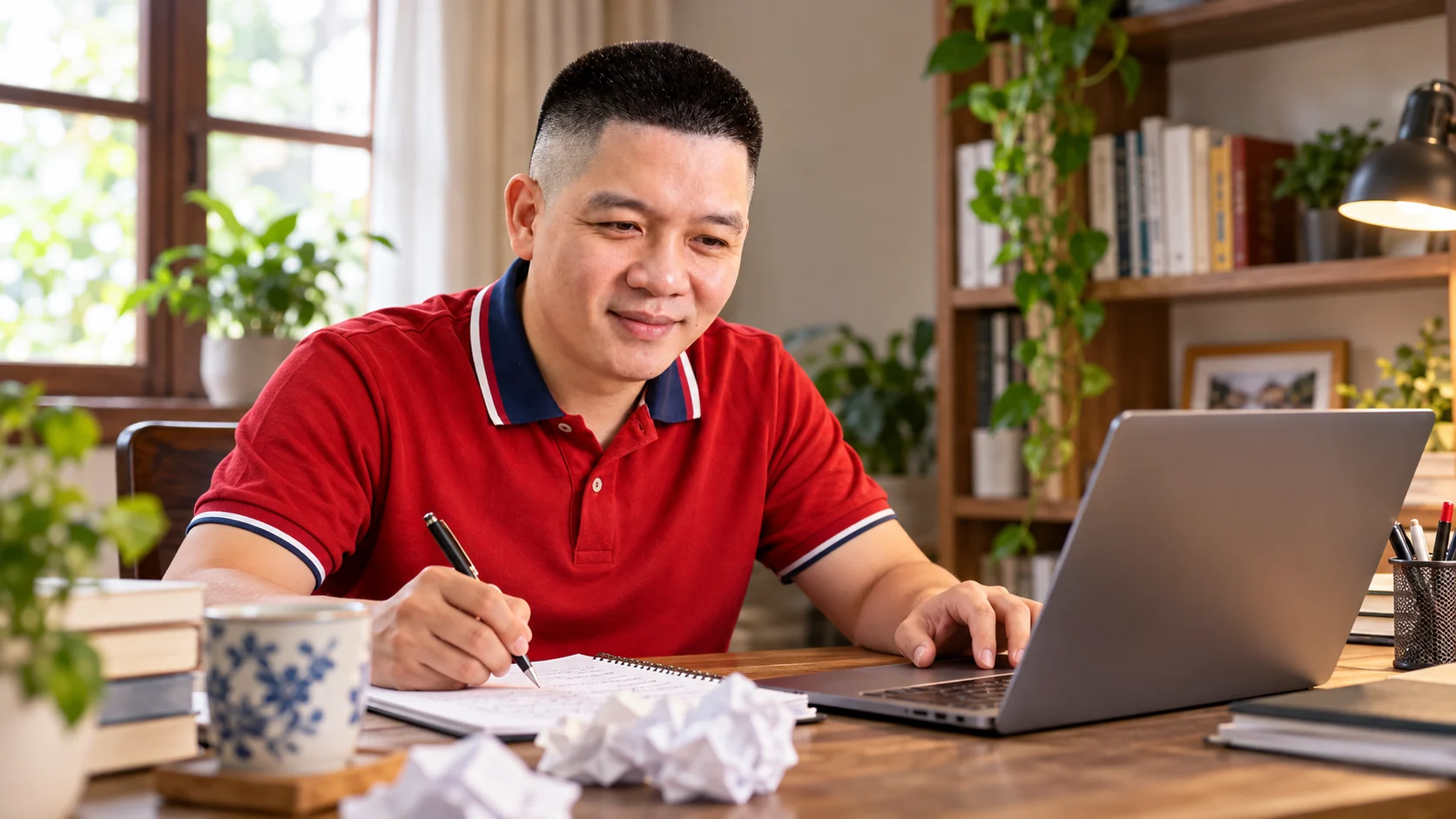 Minh họa AI: Trần Nguyên Hoàn thực hành và sửa bản nháp sau khi học