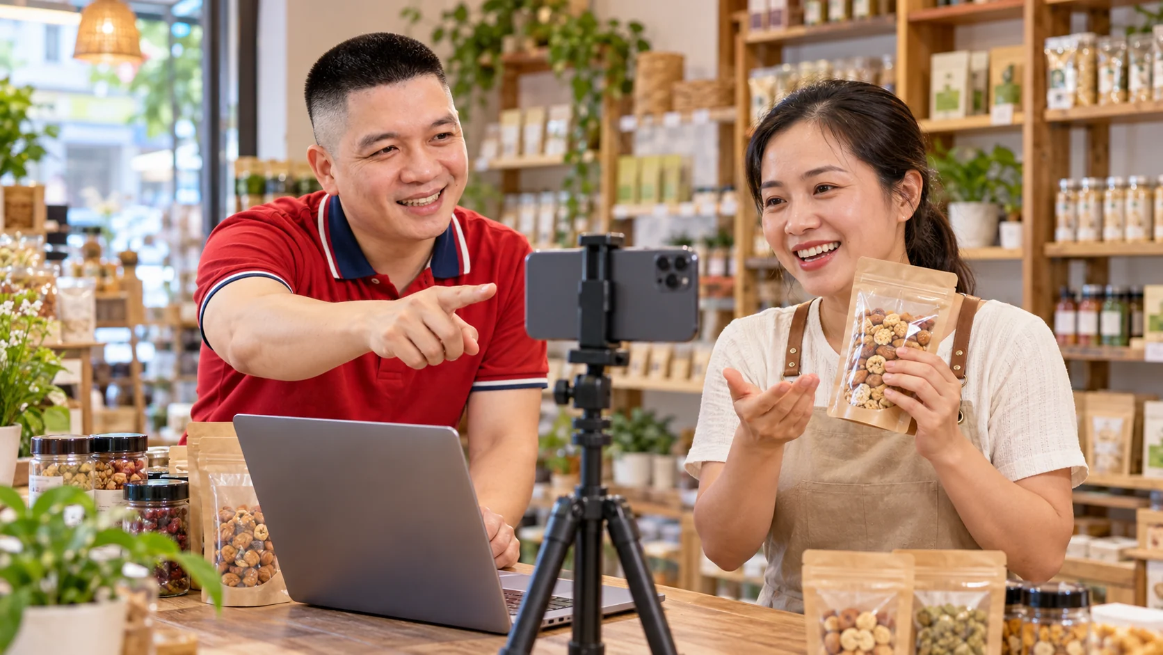 Minh họa AI: Trần Nguyên Hoàn hỗ trợ chủ cửa hàng quay video sản phẩm