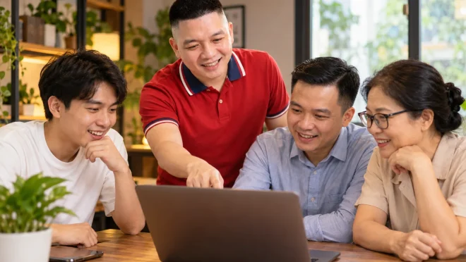 Anh Trần Nguyên Hoàn hướng dẫn ba người ở tuổi 25, 35 và ngoài 45 cùng học AI trên laptop