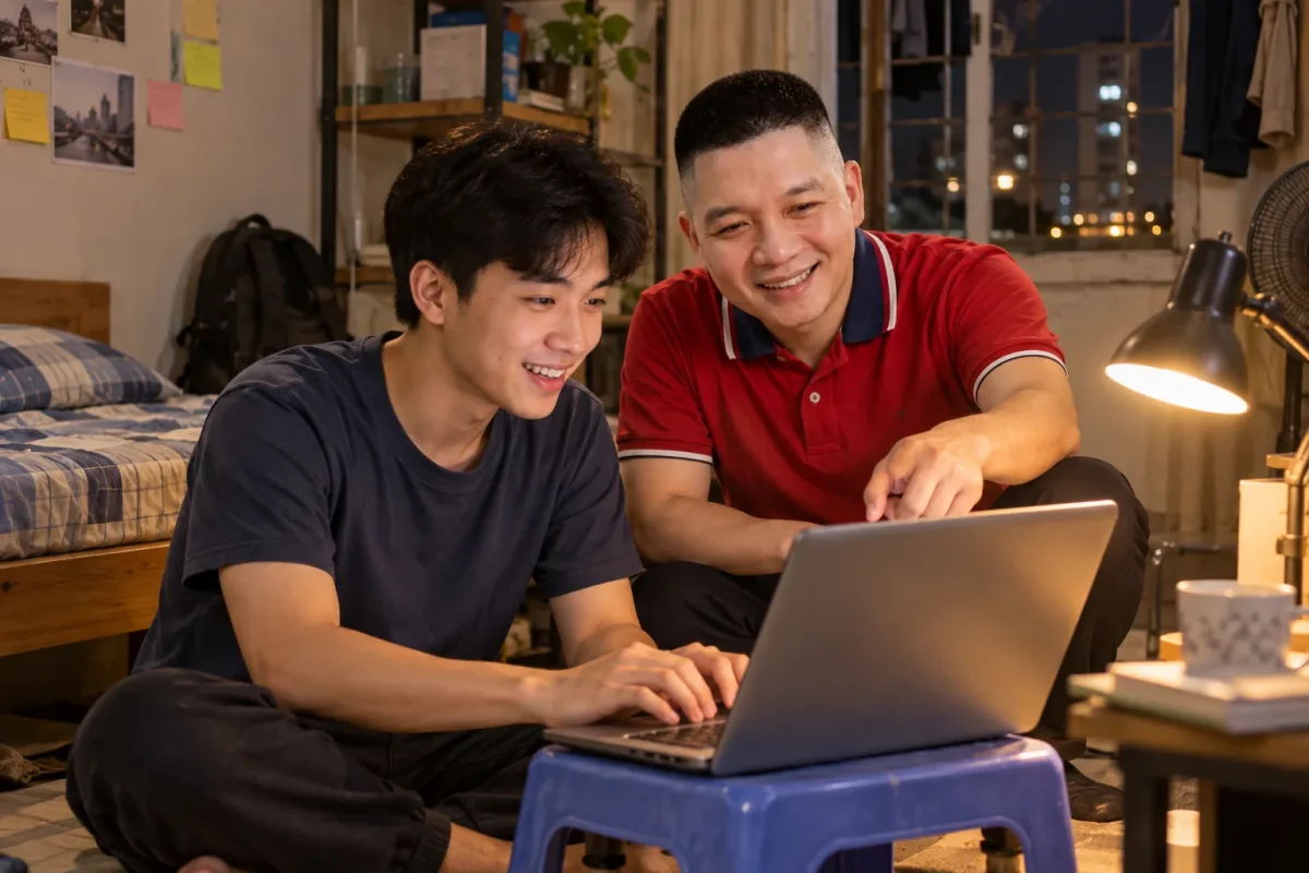 Bạn trẻ 25 tuổi ngồi trong phòng trọ tập dùng AI trên laptop, anh Trần Nguyên Hoàn ngồi cạnh hướng dẫn