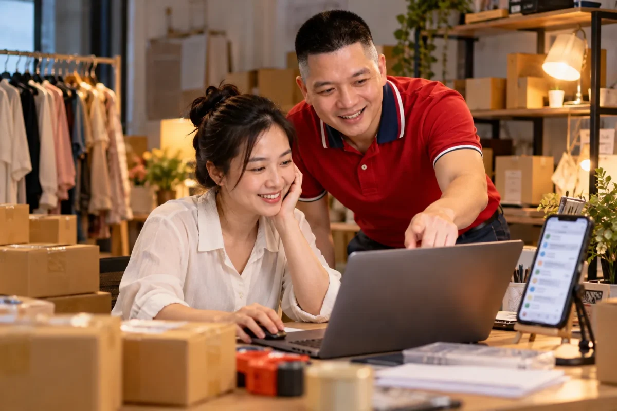 Chủ shop online 35 tuổi giữa các thùng hàng, được anh Trần Nguyên Hoàn chỉ cách để AI soạn sẵn câu trả lời khách