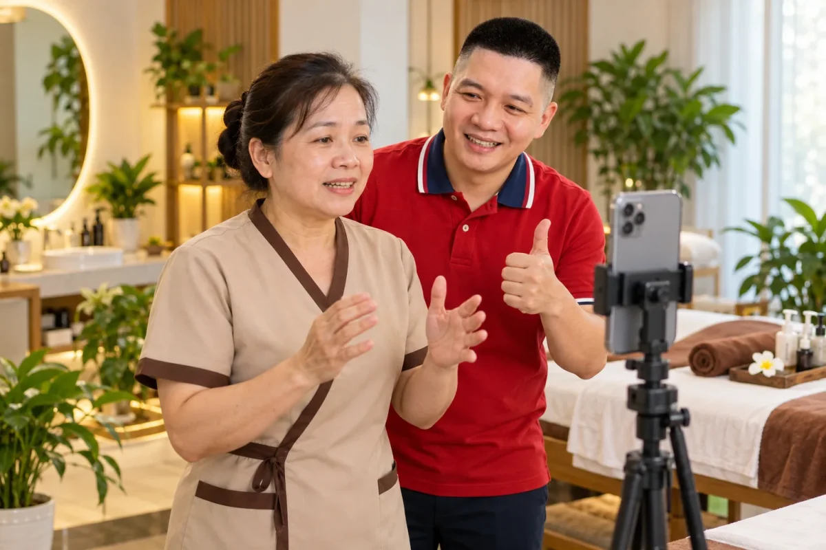 Chị chủ spa ngoài 50 tuổi tự quay video bằng điện thoại, anh Trần Nguyên Hoàn đứng sau động viên