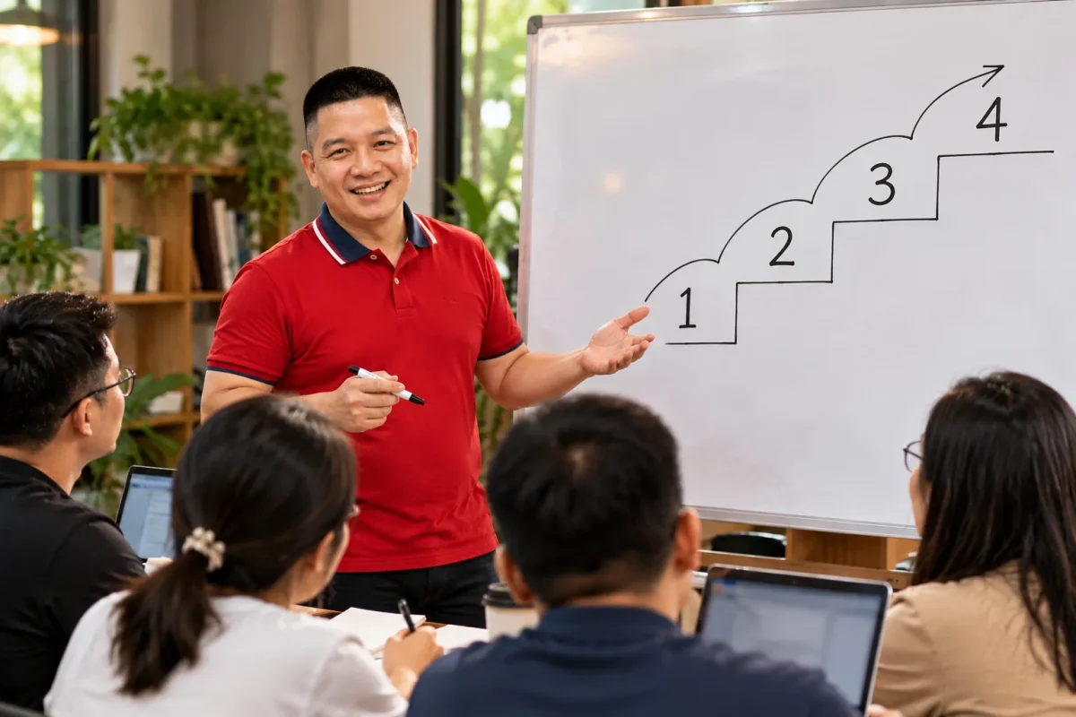 Anh Trần Nguyên Hoàn đứng trước bảng trắng vẽ lộ trình 4 bậc học AI, học viên nhiều độ tuổi ghi chép