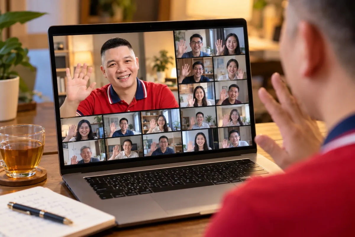 Buổi học Zoom với học viên nhiều độ tuổi đang vẫy tay, anh Trần Nguyên Hoàn giảng ở ô lớn