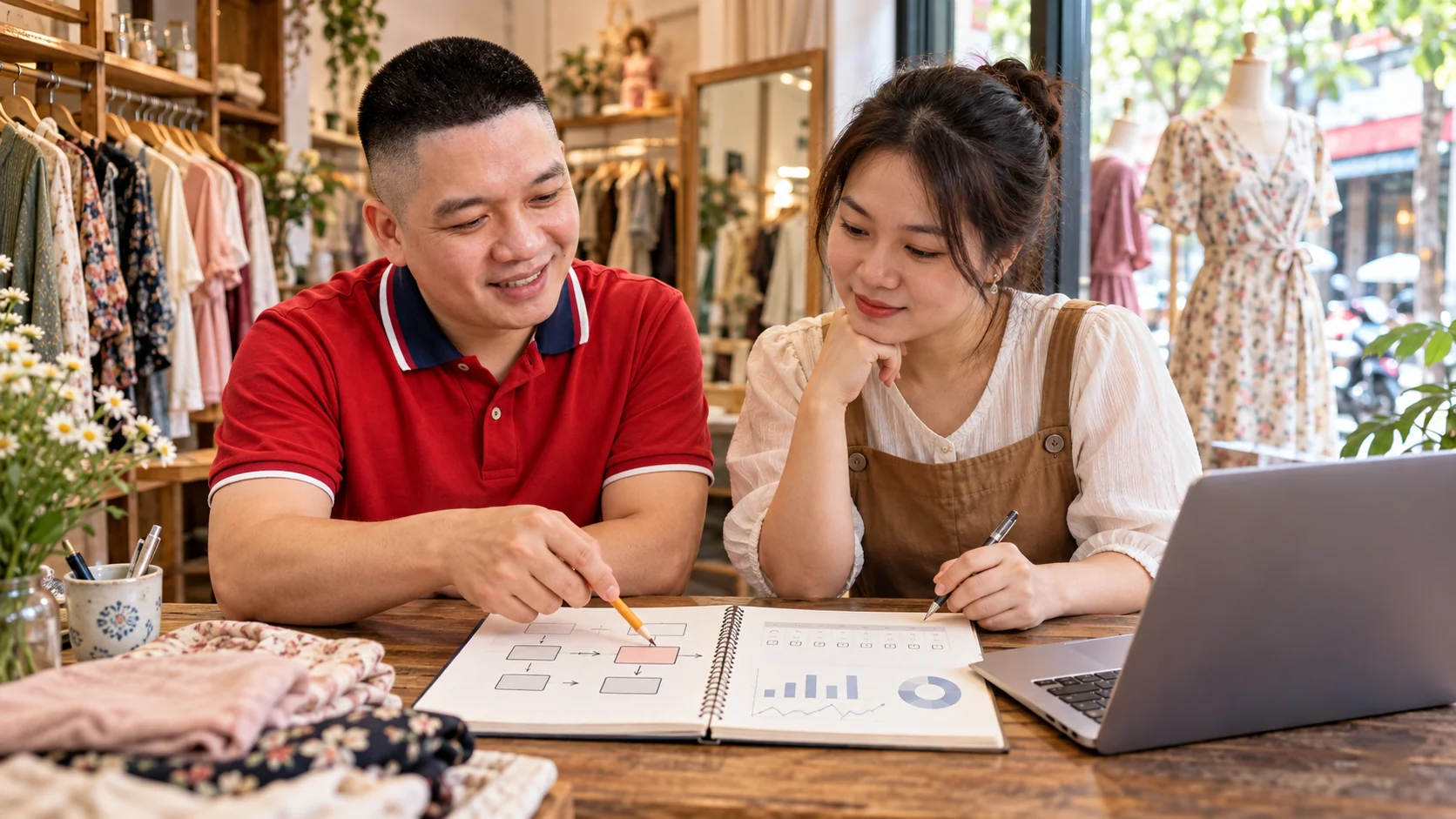 Trần Nguyên Hoàn cùng chủ shop rà quy trình và số liệu minh họa.