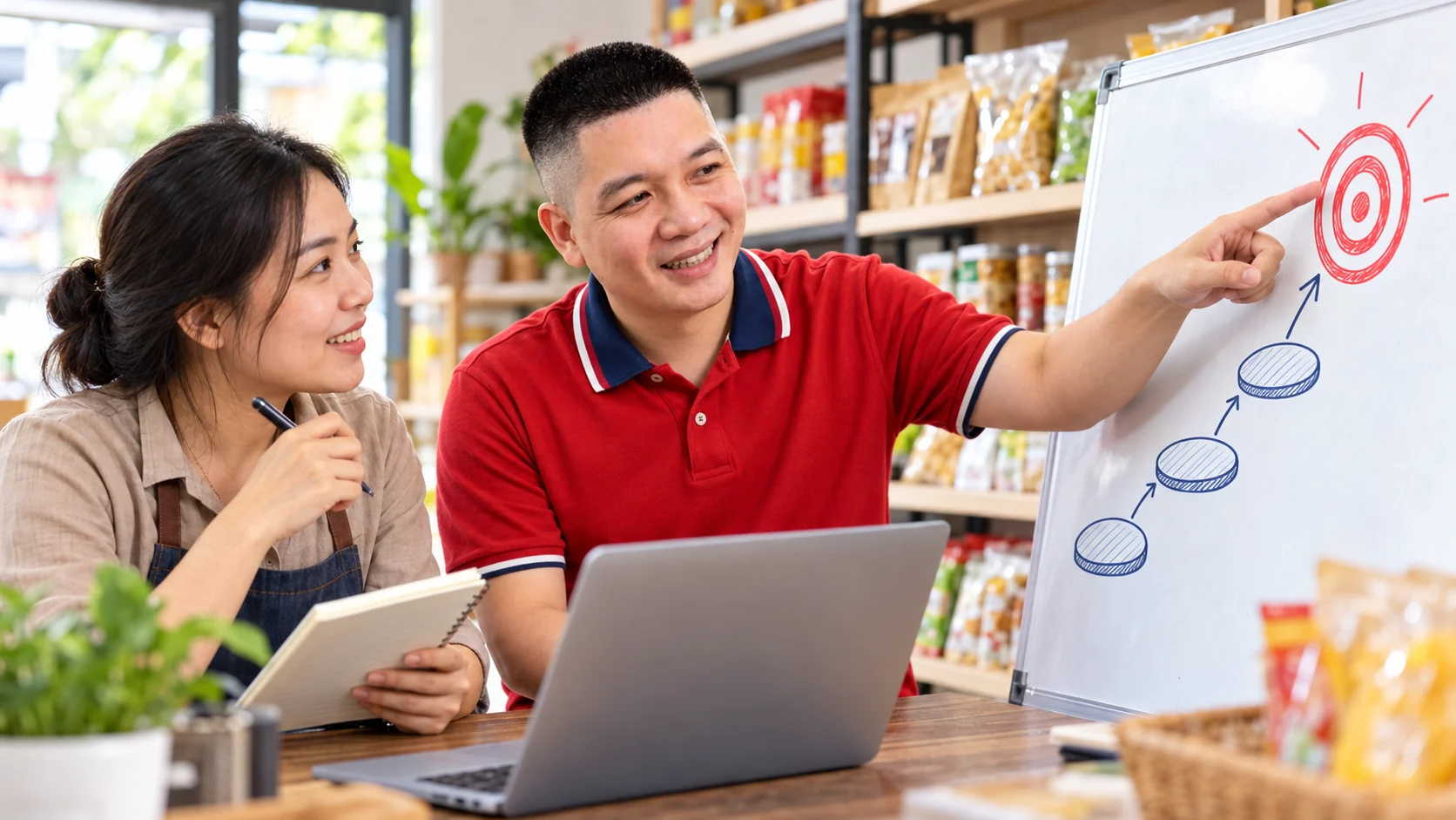 Trần Nguyên Hoàn cùng chủ cửa hàng xác định mục tiêu trên bảng lộ trình