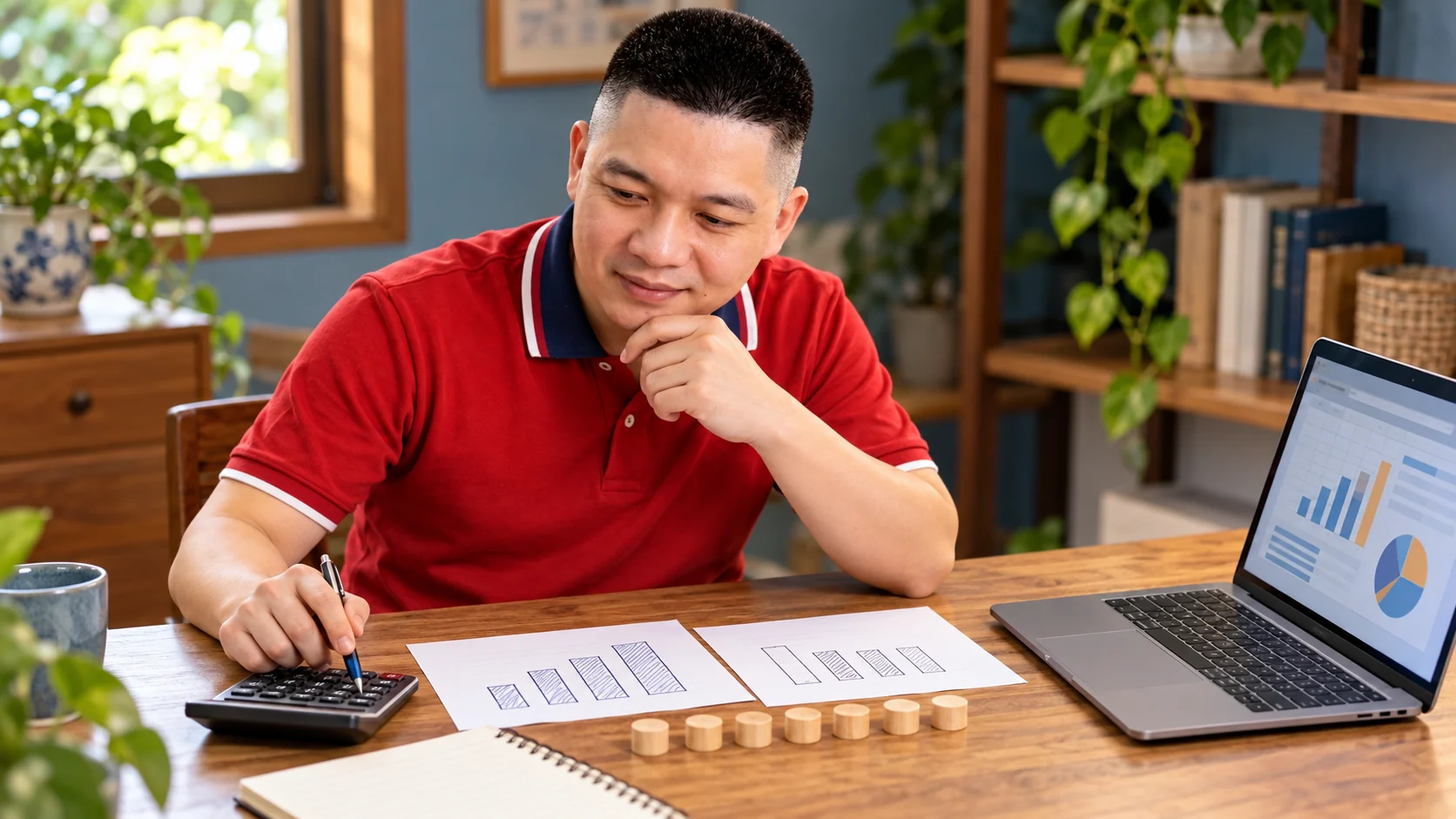 Trần Nguyên Hoàn đối chiếu giả định và nguồn lực bằng sổ, máy tính và biểu đồ