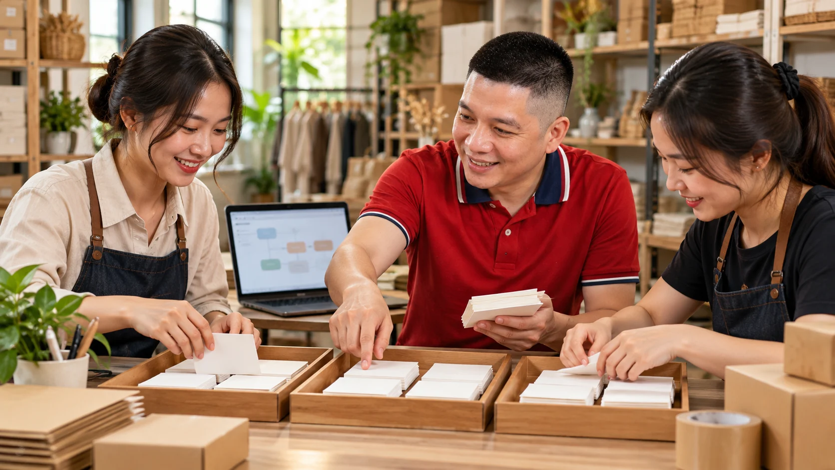 Trần Nguyên Hoàn cùng nhân viên chuẩn hóa các bước xử lý công việc tại cửa hàng