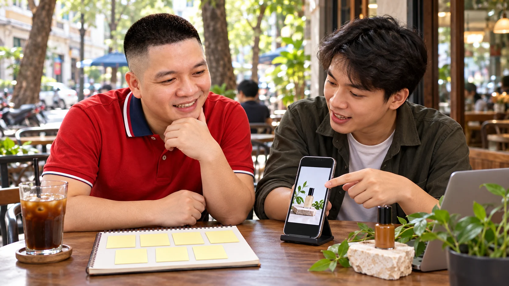 Trần Nguyên Hoàn cùng chủ cửa hàng thử một nội dung sản phẩm trên điện thoại