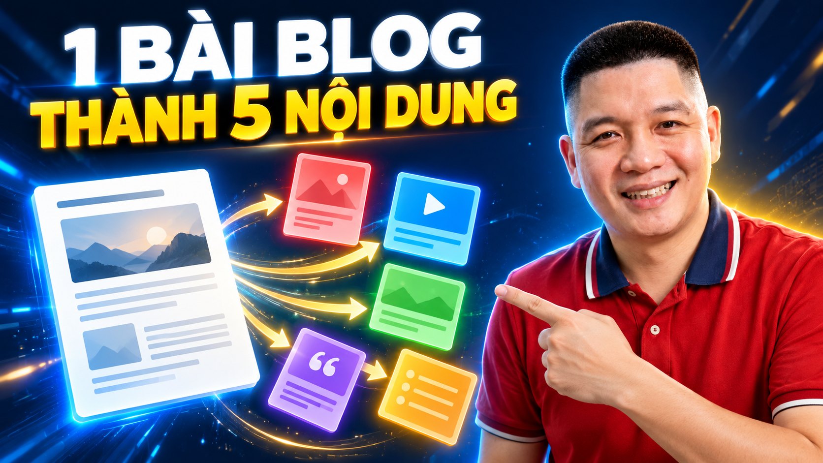 Trần Nguyên Hoàn mặc áo polo đỏ, ảnh minh hoạ bài: Cách biến một bài blog thành 5 nội dung Facebook, Zalo và email bằng AI