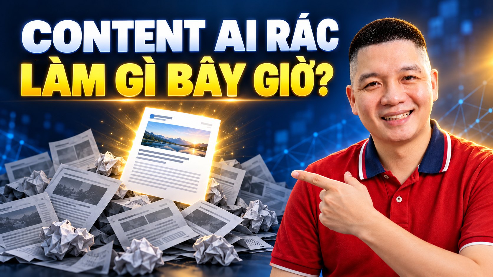 Trần Nguyên Hoàn mặc áo polo đỏ, ảnh minh hoạ bài: Content AI rác trên Facebook: người kinh doanh nên làm gì?