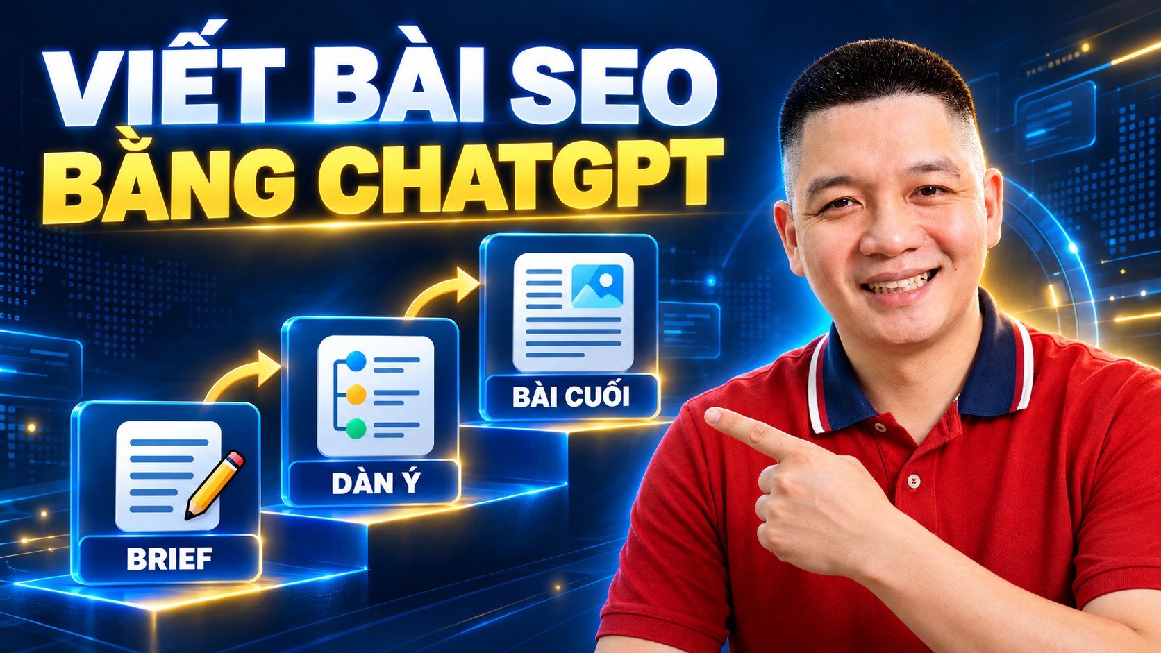 Trần Nguyên Hoàn chỉ vào ba bước brief, dàn ý và bài cuối khi viết bài SEO bằng ChatGPT